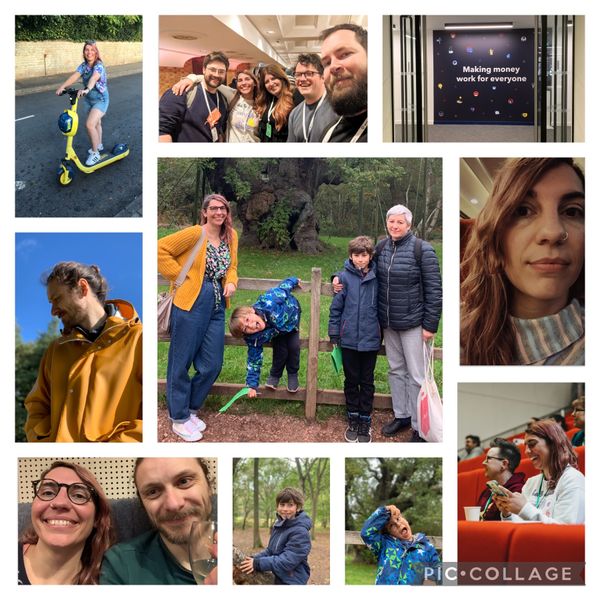 Collage of pictures from October: me riding a bright yellow electric scooter; my Monzo colleagues and I at React Advanced; a wall from the Monzo office that reads: 'Making money work for everyone'; Thom wearing bright yellow coat standing in the sunshine; my mum, my nephews and I in front of the Major Oak in Sherwood Forest; a train selfie; Thom and I at Broadway Cinema; each of my nephews monkeying around the forest; Jen and I at one of the DDD East Midlands talks.