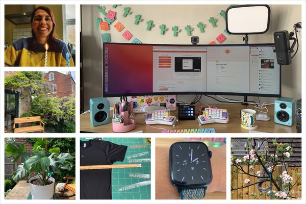 Collage of pictures from May: me blowing a candle; my colourful desk setup ready to stream all day hey; our flowering wisteria creeping up the side of the house; my lush monstera after being repotted; a black t shirt next to sme vinyl strips; my new apple watch; a squirrel sat on a branch of our flowering apple tree.
