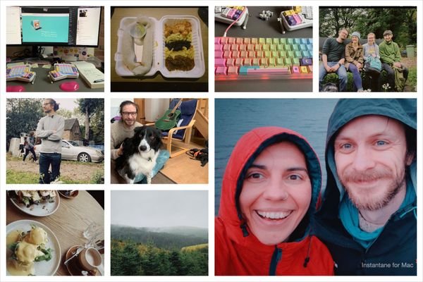 Collage of Pictures: my desk again, a container of delicious Ethiopian food, my friends out on a walk in the Derbyshire countryside, Craik Forest in Scotland, Thom with Merlot the dog, Thom and I with raincoats on by the St Mary reservoir in Scotland.