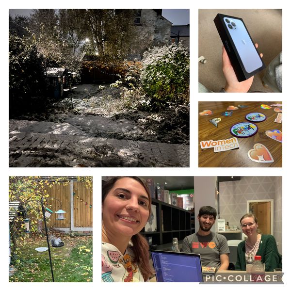 Collage of pictures from November: My back garden all snowed in; the box for my new pale blue iPhone; my new brownie fascinate badge; a squirrel eating from our bird feeders; Anna, Jamie and I at Ludorati for Homebrew Website Club.
