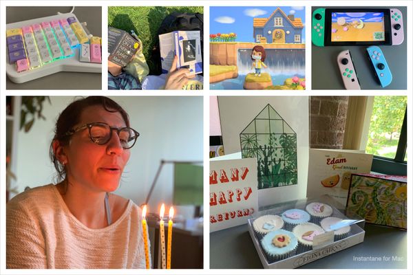 Collage of pictures: my new keyboard with its colourful keycaps, Thom and I lying on the grass with books covering our faces, a screenshot of my animal crossing character in front of their house, my switch with custom pastel coloured shells, birthday cards and cupcakes, me blowing the candles on my birthday cake.