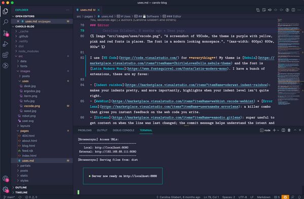 A screenshot of VSCode, the theme is purple with yellow, pink and red fonts in places. The font is a modern looking monospace.